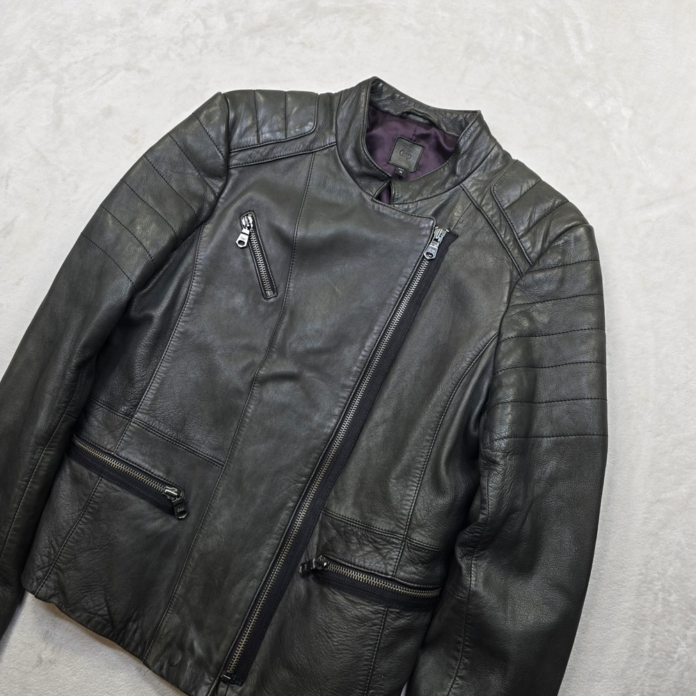GAP Leather Moto Jacket Womens Medium Black Asymmetrical Zip Cafe Racer - Picture 4 of 16
